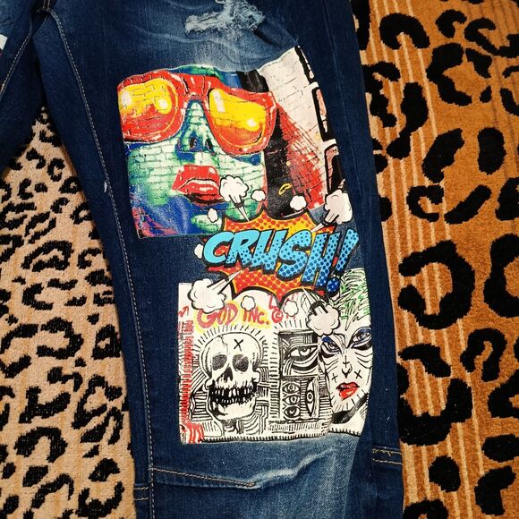 Rutherford Jeans Men Size 32x31 Flex Skinny Fit Blue Painted Comic Pattern Denim - Picture 2 of 7